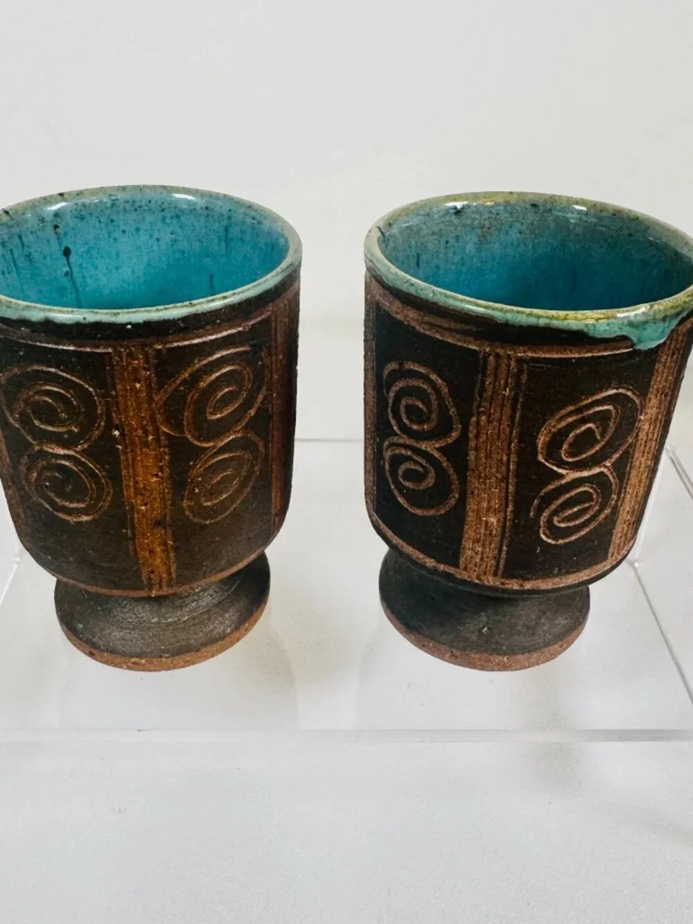 Vtg Set 2 Studio Pottery Stoneware Pedestal 3.25